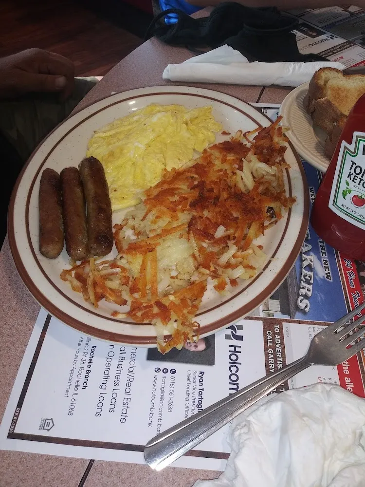 3 Eggs Scrambled 3 Sausage Links and Hash Browns